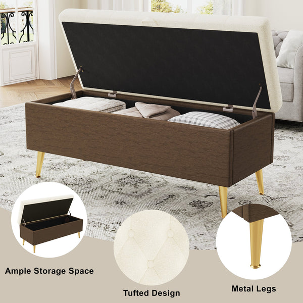 English Elm Modern Boucle Tufted Storage Ottoman Bench with Gold Legs for Bedroom or Entryway Beige N719P305620A