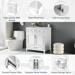 English Elm 30'' Bathroom Vanity with Sink - Retro Solid Wood Frame, Ceramic Basin, Soft-Close Doors & Ample Storage White N710P190656K