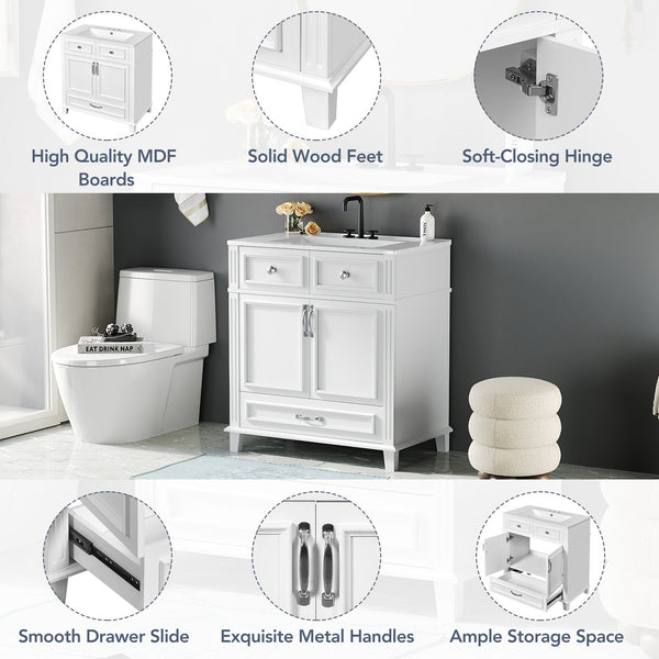 English Elm 30'' Bathroom Vanity with Sink - Retro Solid Wood Frame, Ceramic Basin, Soft-Close Doors & Ample Storage White N710P190656K