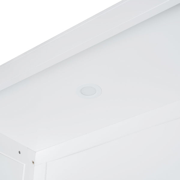 English Elm Full Size Murphy Bed with Open Shelving Wardrobe and Led Lighting for Studio Spaces White LP000898AAK