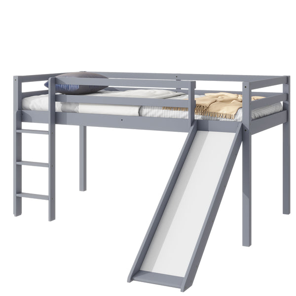 English Elm Twin Low Loft Bed with Slide and Ladder for Kids, Rubberwood Frame, Safety Guardrails & Playspace Grey W504P218522