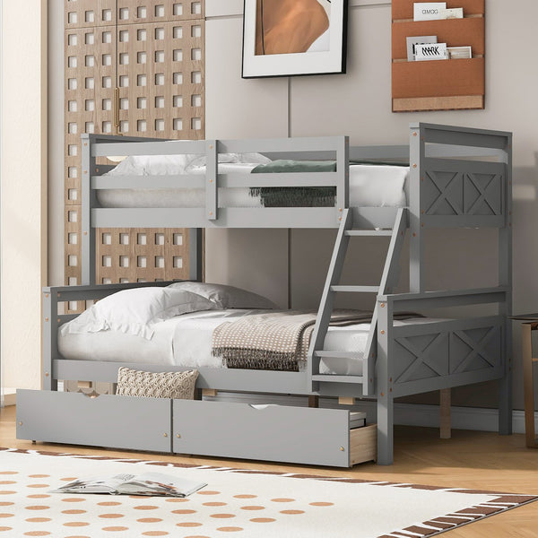 English Elm Twin Twin-over-Full Bunk Bed with Attached Ladder, Built-In Underbed Storage Drawers & Guardrail Safety Designed for Space-Saving Kids' Rooms Gray SM000119AAE-1