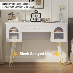 English Elm Elegant Vanity Makeup Table with Charging Station & Carved Glass Door, Sturdy Stool Included White N844P285188A