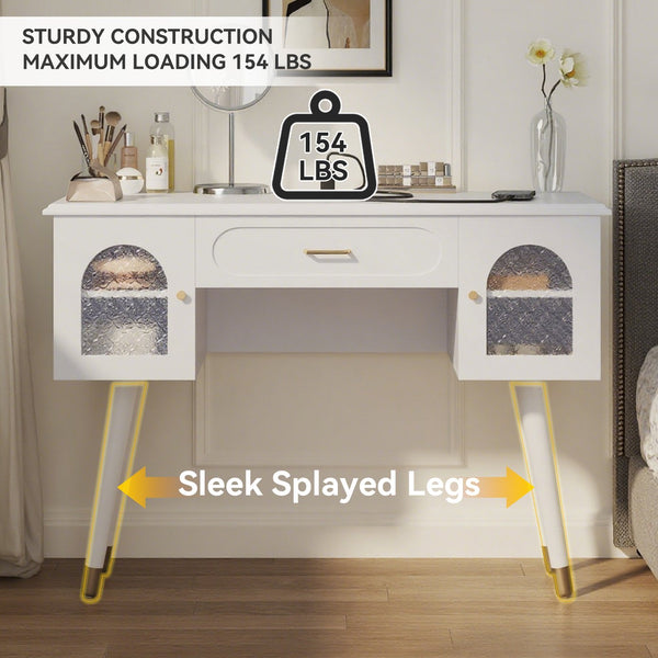 English Elm Elegant Vanity Makeup Table with Charging Station & Carved Glass Door, Sturdy Stool Included White N844P285188A