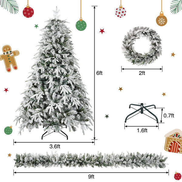English Elm Christmas Snow Flocked Wreath Set with 9ft Garland & 6ft Tree, Warm LED Lights, 3-Piece Indoor Decor (100) PX283313AAW