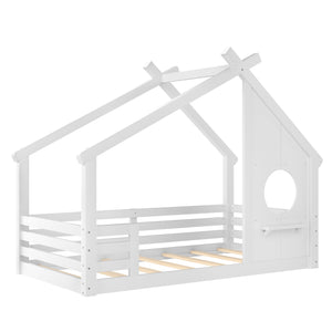 English Elm Twin House Floor Bed with Window & Shelf, Solid Wood Pitched Roof Design for Safe Cozy Sleep White W1580P362678