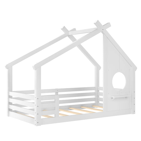 English Elm Twin House Floor Bed with Window & Shelf, Solid Wood Pitched Roof Design for Safe Cozy Sleep White W1580P362678