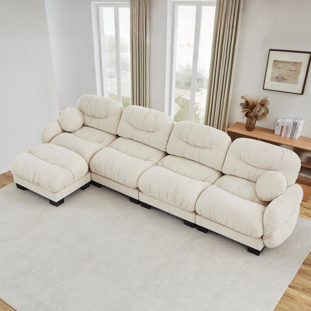 English Elm Pleated Chenille Sectional Sofa with Ottoman Ergonomic Foam Curved Armrests Living Room Beige W5656S00044