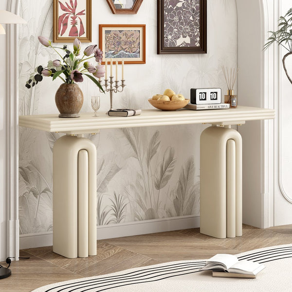 English Elm U_style Acacia Veneer Console Table Curved Silhouette for Entryway Hallway Foyer Beige N711P235894K