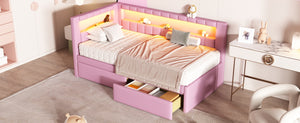 English Elm Upholstered Twin Platform Bed with USB Ports, LED Light Belt, Linen Backrest & 2 Storage Drawers Pink DL001926AAH