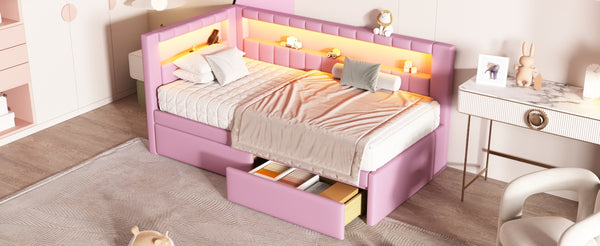 English Elm Upholstered Twin Platform Bed with USB Ports, LED Light Belt, Linen Backrest & 2 Storage Drawers Pink DL001926AAH