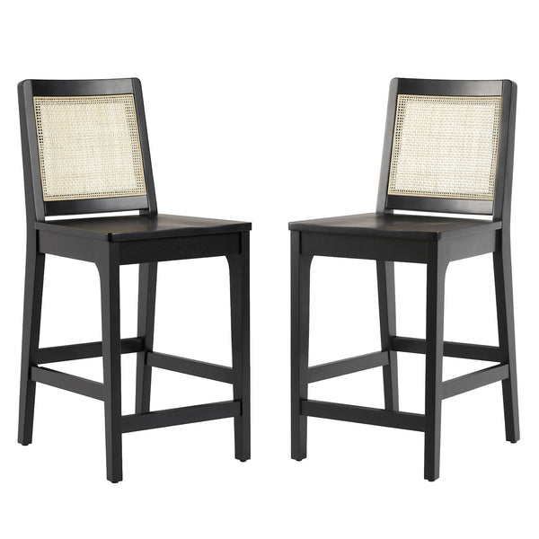 Solid Wood Counter Stool with Rattan Back Insert - Set of 2 Black CATD7DBL Walker Edison
