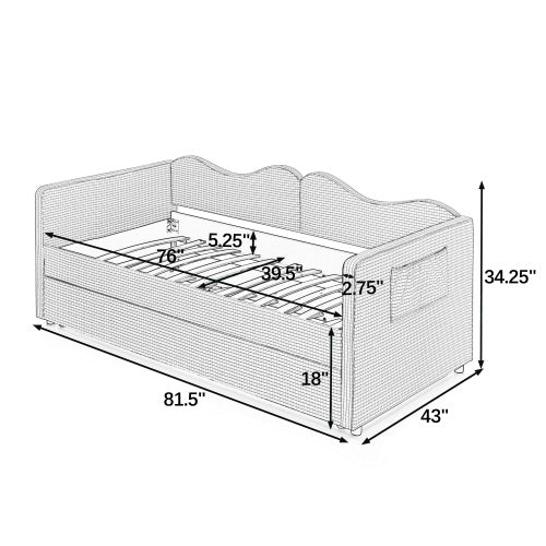 Twin‑size Gingham Upholstered Daybed with Pull Out Trundle and Side Storage Pocket