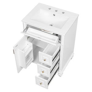 English Elm 24 Inch Freestanding Bathroom Vanity Solid Rubberwood Ceramic Sink Matte Finish Storage White N725P375626K