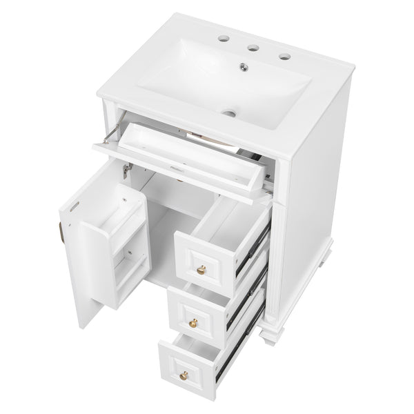 English Elm 24 Inch Freestanding Bathroom Vanity Solid Rubberwood Ceramic Sink Matte Finish Storage White N725P375626K