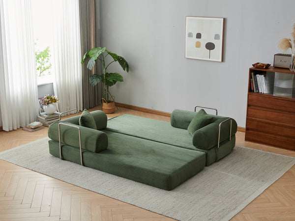 English Elm 78.8" Corduroy Modular Floor Sofa Convertible Sleeper Futon with Pillow Back Support Army Green W5617P455966