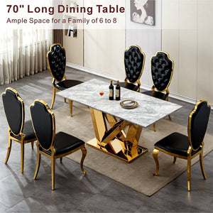 English Elm Marble Dining Table For 6-8, 74.8'' Rectangular Faux Marble Top With Mirrored Stainless Steel Base W3456S00045