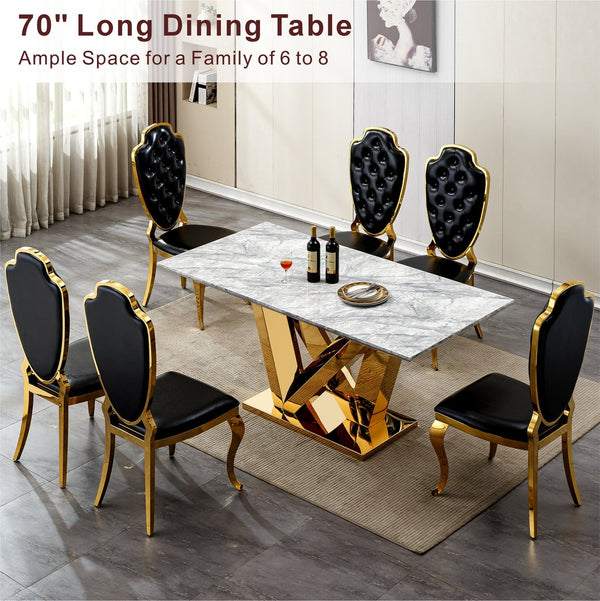 English Elm Marble Dining Table For 6-8, 74.8'' Rectangular Faux Marble Top With Mirrored Stainless Steel Base W3456S00045
