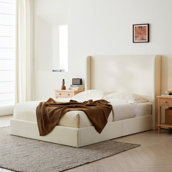 English Elm Carmen Boucle Upholstered Wingback Bed with 52.3" High Headboard, Modern Minimalist Platform Frame Ivory B083P358535