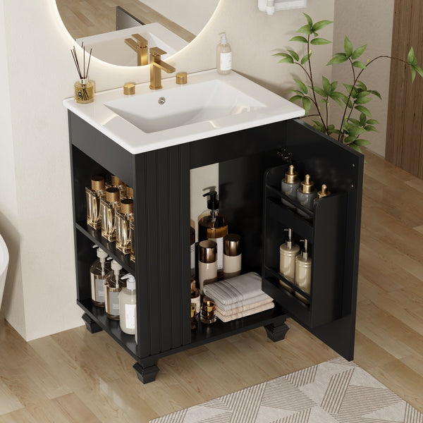 English Elm Christopher Knight Home® - 24" Retro Bathroom Vanity with Ceramic Sink, Solid Wood Frame, Soft-Close Door, Ample Storage Black N759P293645B