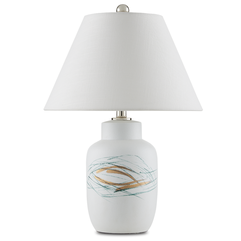 Oculus Hand-Painted Table Lamp - Contemporary Porcelain Design with Off-White Linen Shade & Crystal Finial