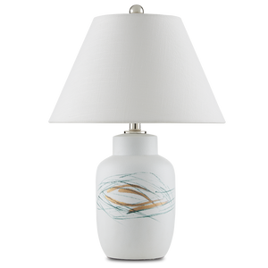 Oculus Hand-Painted Table Lamp - Contemporary Porcelain Design with Off-White Linen Shade & Crystal Finial
