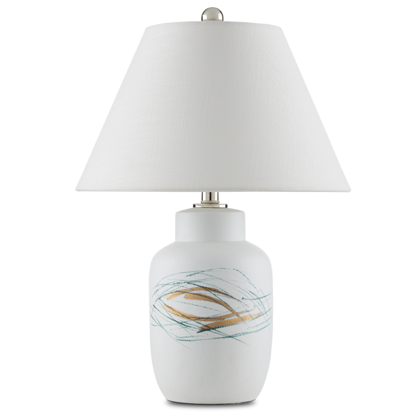 Oculus Hand-Painted Table Lamp - Contemporary Porcelain Design with Off-White Linen Shade & Crystal Finial