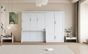 English Elm Queen Murphy Bed with Wardrobe Cabinet Hydraulic Lift Mdf Space Saving Wall Unit White LP000581AAK-1