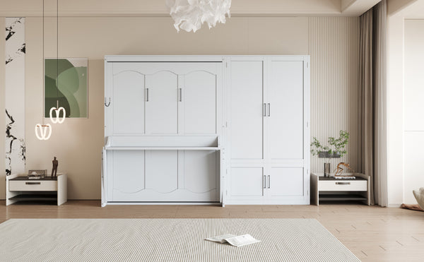 English Elm Queen Murphy Bed with Wardrobe Cabinet Hydraulic Lift Mdf Space Saving Wall Unit White LP000581AAK-1