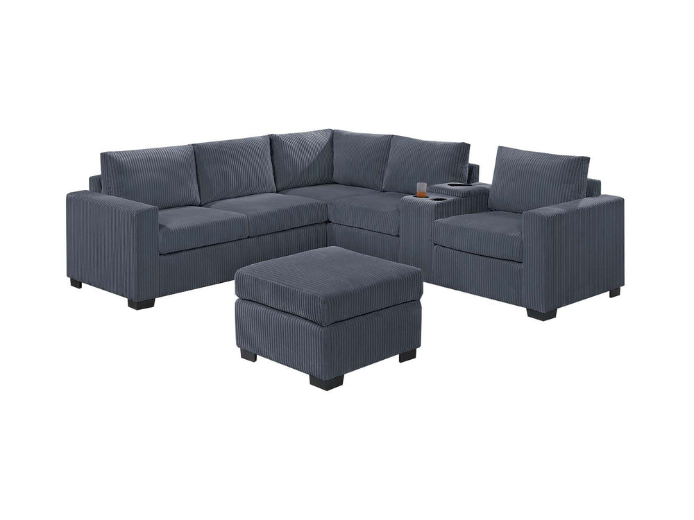 English Elm Modern Fur-Like Corduroy Sectional Sofa Set with USB Console, Ottoman & Plush Pillows for 5 Guests Dark Gray 12 L x 23 W x 33 H B011S01750