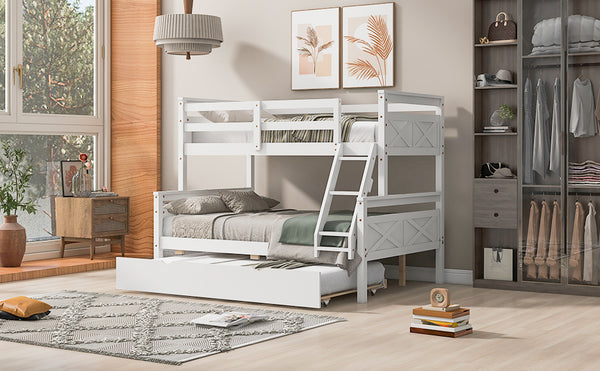 English Elm Twin Pine-over-Full Bunk Bed with Attached Ladder, Trundle & Full-Length Guardrail for Space-Saving Rooms White SM000208AAK-1