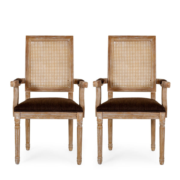 English Elm Dining Chairs Set of 2 Cane Back Rubberwood Armchair French Country Upholstered Seat N769P433301Z