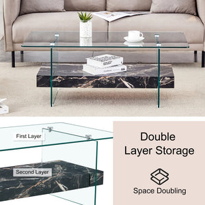 English Elm Rectangular Two Tier Glass Coffee Table with Marble Shelf for Modern Living Rooms W2920P226071