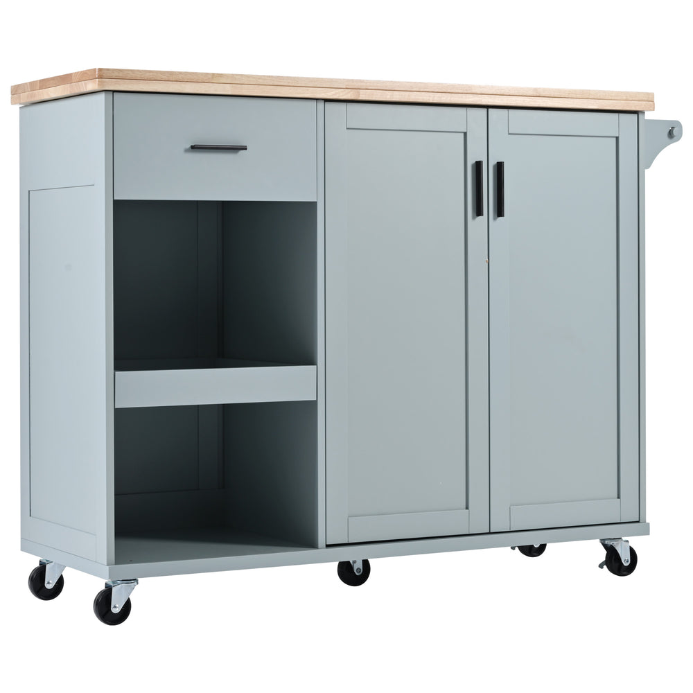 English Elm K&K Kitchen Island with Foldable Countertop, Spacious Mobile Storage Cart, Soft-Close Doors, Durable Rubberwood Top and Locking Wheels Grey-Blue N707P173036G