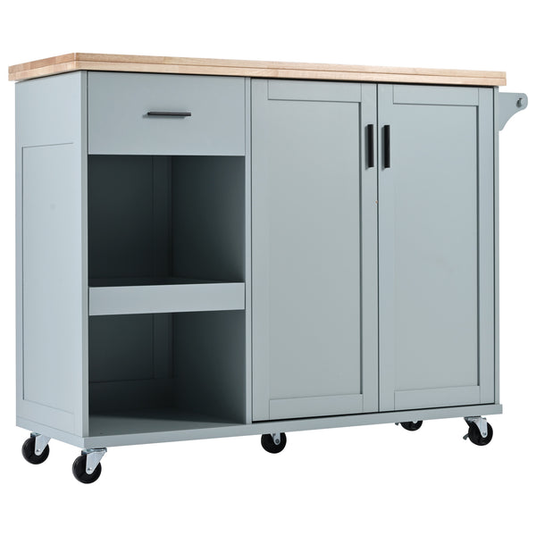 English Elm K&K Kitchen Island with Foldable Countertop, Spacious Mobile Storage Cart, Soft-Close Doors, Durable Rubberwood Top and Locking Wheels Grey-Blue N707P173036G