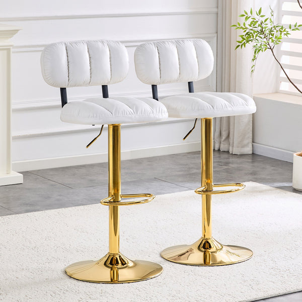 English Elm Set of 2 Adjustable Pu Leather Barstools with Chrome Base for Kitchen or Home Bar White+Gold W3875P378575