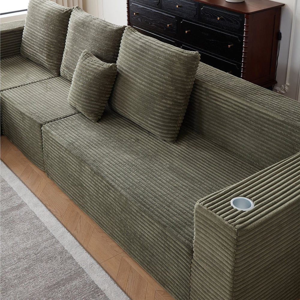 English Elm Deep Modular Cloud Couch In Soft Green Corduroy With Cup Holders, No Assembly Needed, Perfect Comfort! W848S00059
