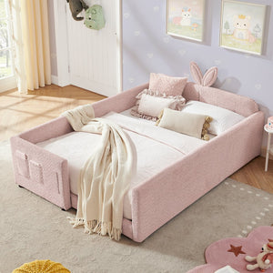 English Elm Full Size Boucle Platform Bed Whimsical Rabbit Ear Headboard with Safety Rail Pink W1413S00136