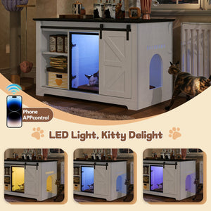 English Elm 46" Farmhouse Litter Box Enclosure with Barn Door Led Lighting and Storage Cabinet N704P402453K