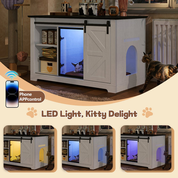 English Elm 46" Farmhouse Litter Box Enclosure with Barn Door Led Lighting and Storage Cabinet N704P402453K