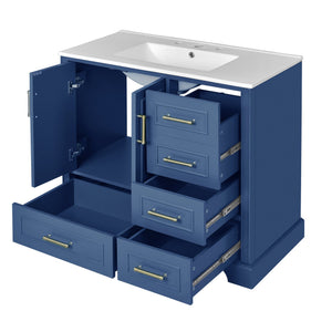 English Elm 36" Traditional Bathroom Vanity with Ceramic Sink, Solid Wood Cabinet, Soft-Close Doors & Drawers Blue N729P251630C
