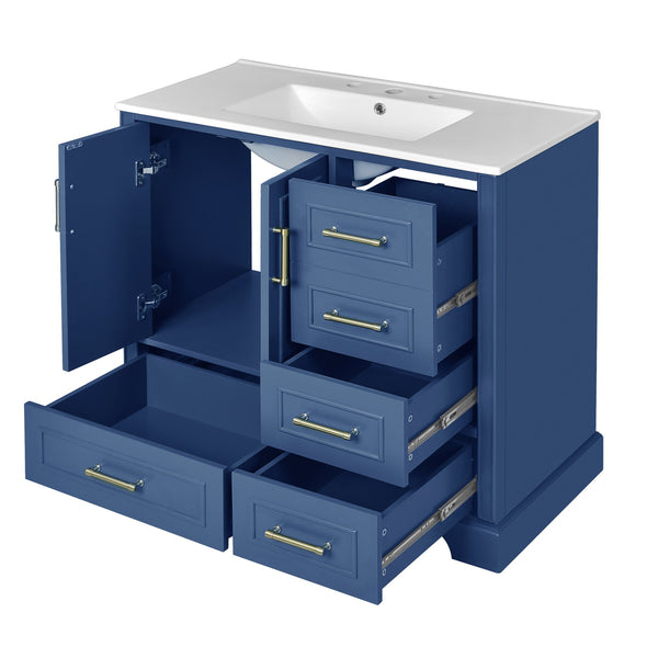 English Elm 36" Traditional Bathroom Vanity with Ceramic Sink, Solid Wood Cabinet, Soft-Close Doors & Drawers Blue N729P251630C