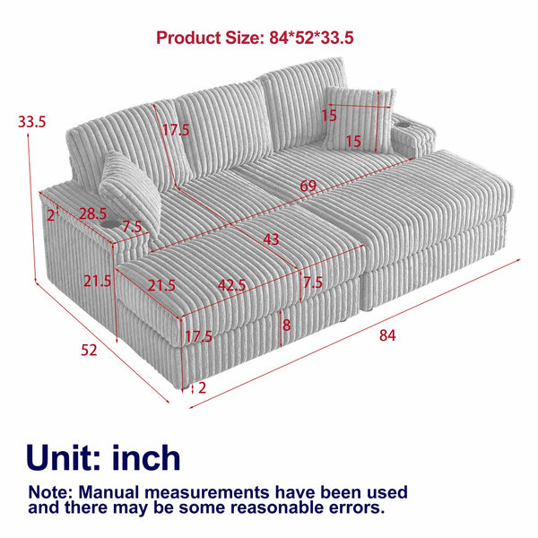English Elm 84inch Corduroy Deep Seat Three Person Sofa with Storage Ottomans for Living Room Grey W834S00567