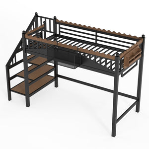 English Elm Twin Xl Metal Loft Bed with Stair Storage Shelves Sturdy Steel Frame for Dorms W1580S00377