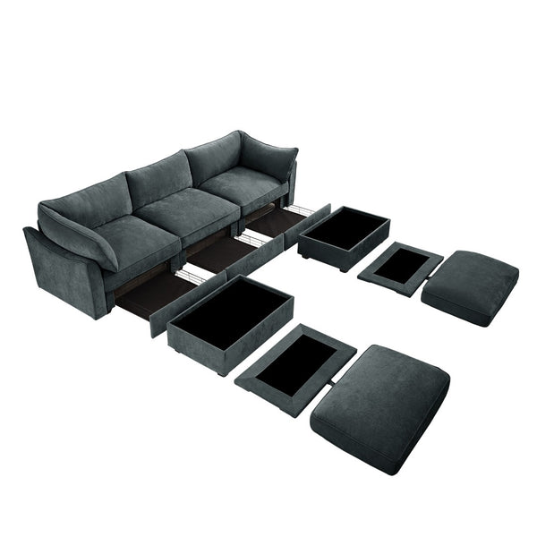 English Elm U Shape 3 Seater Modular Sofa With Movable Ottomans & Hidden Storage Drawers For Modern Living W3041S00197-GIGA