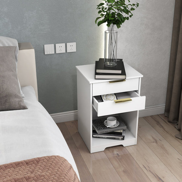 English Elm Nighstand White 2-Drawer Nightstand with Open Shelf, Gold Handles, Modern Compact End Table W3151P346294