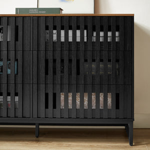 English Elm 6 Drawer Double Dresser Black Grille Striped Doors, Modern MDF & Metal Legs, Sturdy 6-Drawer Storage Elegance W578P193307