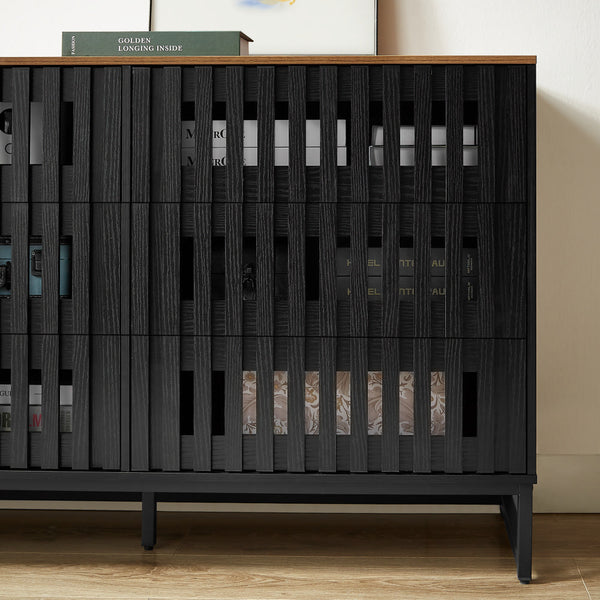 English Elm 6 Drawer Double Dresser Black Grille Striped Doors, Modern MDF & Metal Legs, Sturdy 6-Drawer Storage Elegance W578P193307