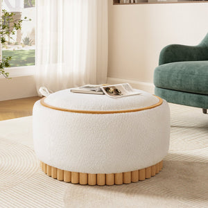 English Elm 29" Round Boucle Storage Ottoman Sculptural Wood Base Reversible Lid Living Room Beige N723P405304A
