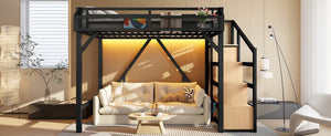 English Elm Twin Metal Loft Bed with Wardrobe Shelves Storage Stairs Led Lighting Usb Ports W1580S00404